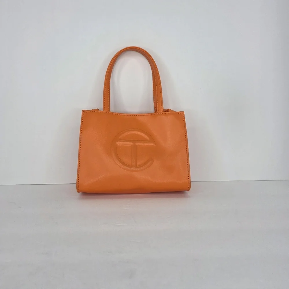 Telfar Vegan Leather Shoulder Bag Mini Snap Closure Vibrant Orange Double Strap - Picture 2 of 15